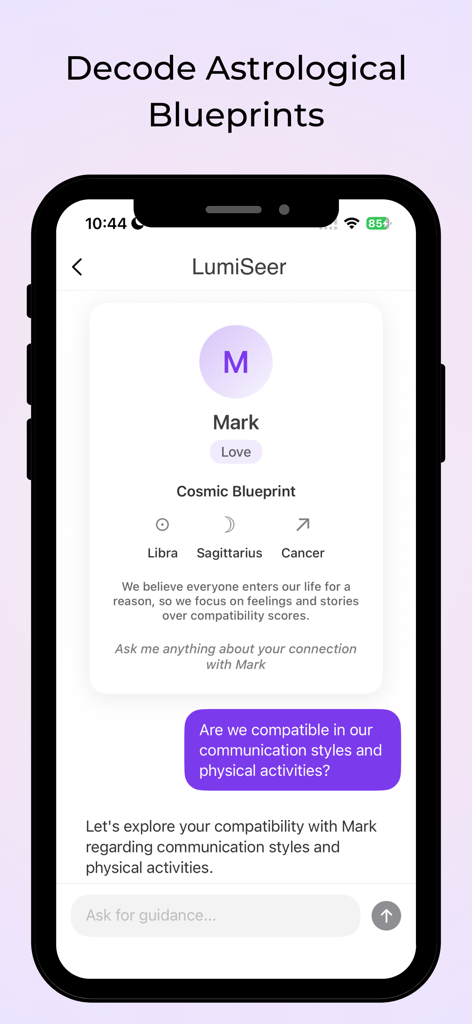 LumiSeer: Tarot & Astrology - LumiSeer app interface showing astrological blueprint and relationship compatibility chat