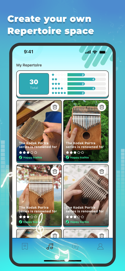 Interface of the Kalimba app showing the user's music repertoire with ratings and song thumbnails.