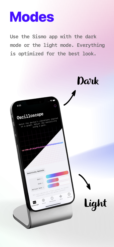 Sismo app interface on a smartphone screen showing dark and light display mode options