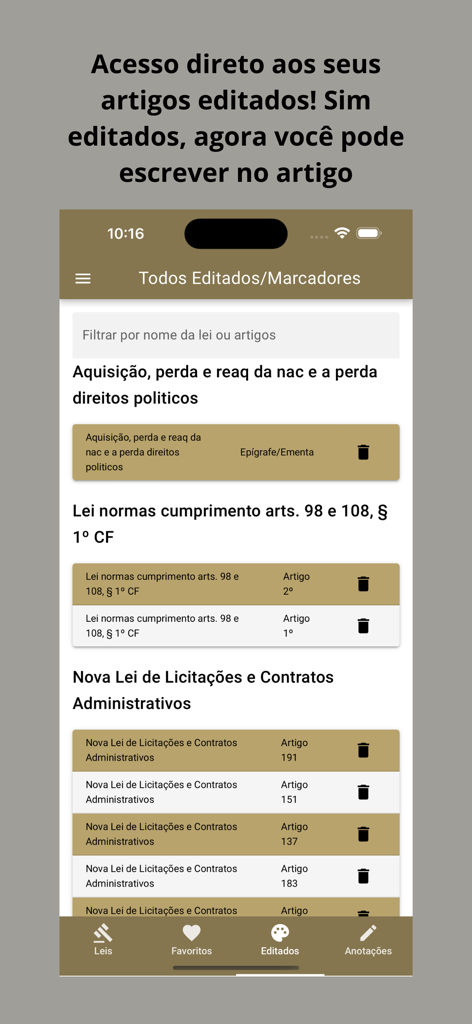 Interfaz de la app Vade Mecum Pro mostrando artículos legales editados y marcadores