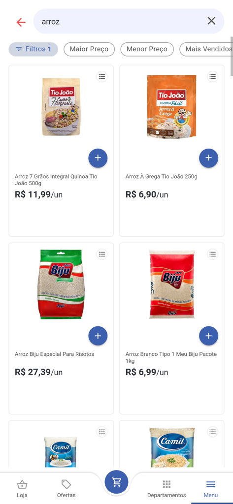 Nobre Supermercados - Search results for rice in the Nobre Supermercados mobile app showing various brands and prices