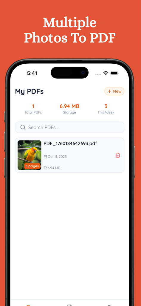Image to PDF - PDF creator + - Captura de pantalla del iPhone de la biblioteca Mis PDFs que muestra un documento de varias páginas creado a partir de fotos