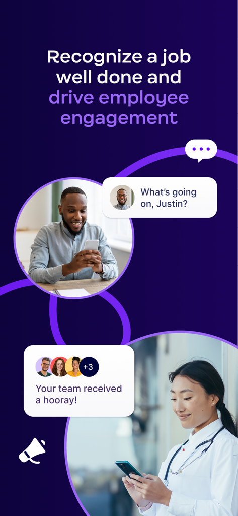 Workvivo - Workvivo app screenshot showing employee recognition features with team members receiving a hooray and a doctor using the app