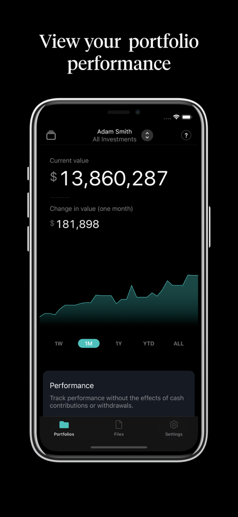 Addepar - Interfaz de la aplicación móvil Addepar que muestra un gráfico de rendimiento de portafolio y el valor actual de la inversión para un usuario de alto patrimonio neto.