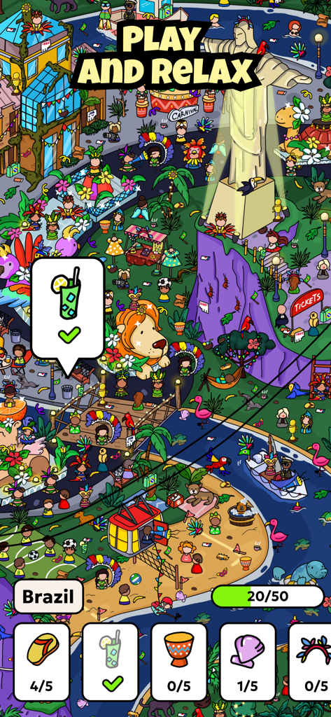 Un colorato livello di gioco di oggetti nascosti a tema carnevale brasiliano con una lista di ricerca per oggetti nascosti.