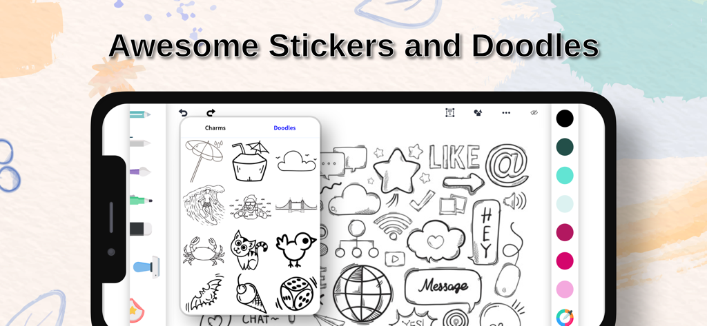 Interfaz de la aplicación Drawing Pad mostrando una biblioteca de pegatinas y garabatos artísticos.