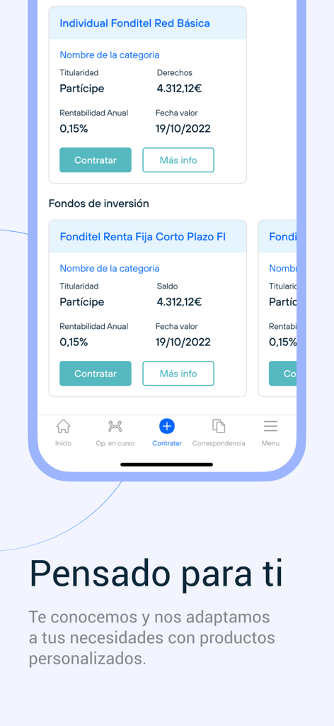 Interface da aplicação móvel Fonditel mostrando fundos de investimento personalizados e detalhes do plano de pensão