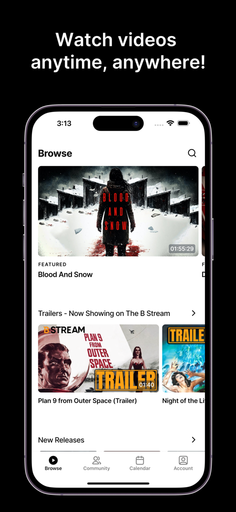 The B Stream - The B Stream mobile app browse screen featuring horror and cult movie titles like Blood and Snow and Plan 9 from Outer Space.