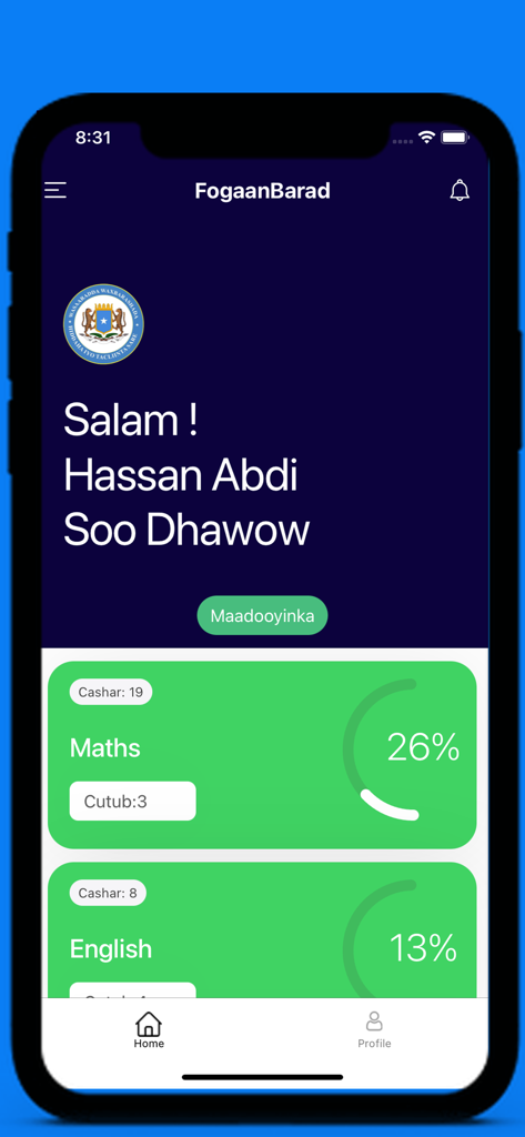 Dashboard of the FogaanDersi mobile app showing student course progress for Maths and English in Somali language
