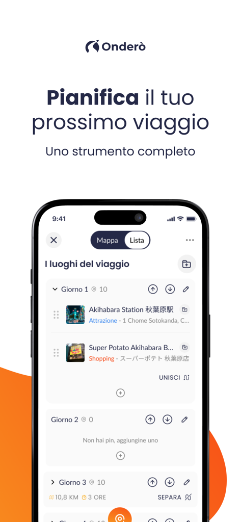Onderò - Onderò mobile app interface showing a daily travel itinerary and trip planning tool