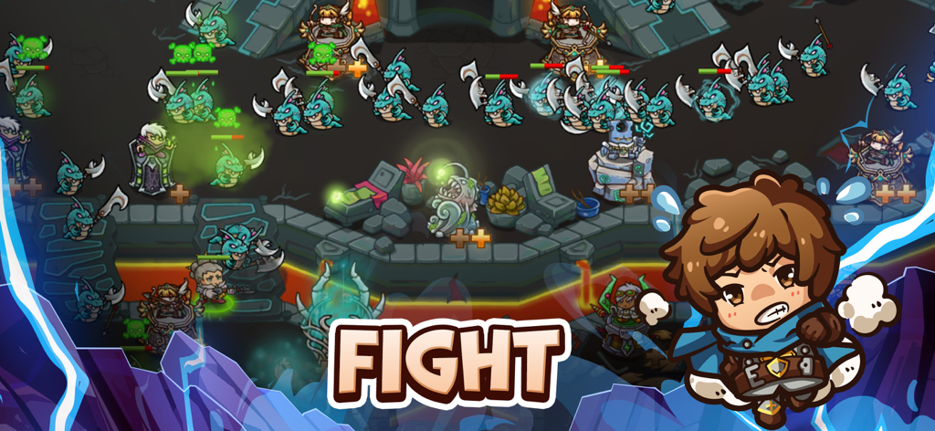 Crazy Defense Heroes: RPG TD - Strategic battle scene in Crazy Defense Heroes showing towers and heroes defending against enemy monsters in a lava environment