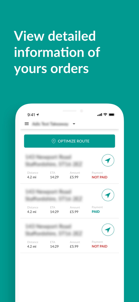 Drive2Success - Drive2Success mobile app displaying a list of delivery orders with ETA and payment status