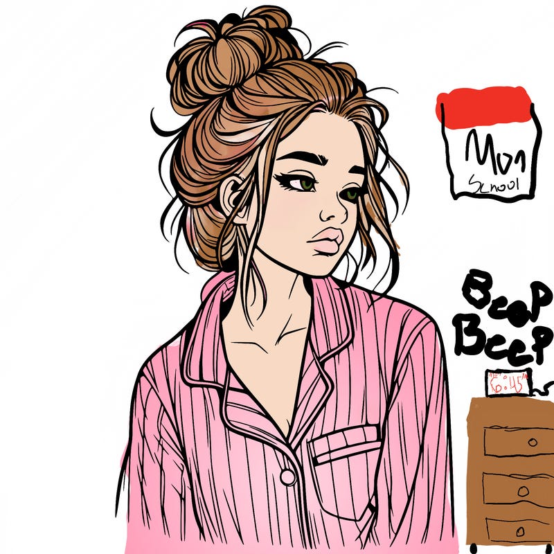 realistic woman with pajamas on and a messy bun
