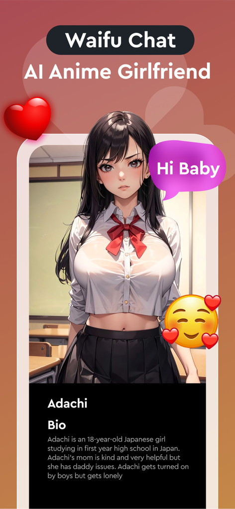 Profile screen of an AI anime girlfriend named Adachi in the Waifu Chat mobile app