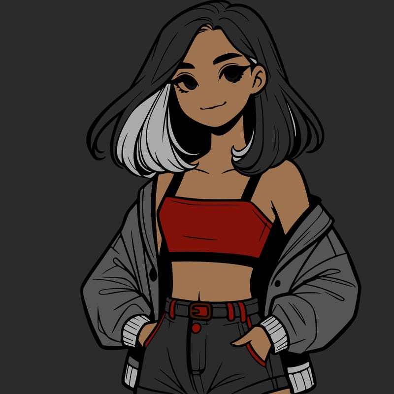 a realistic girl with a crop top and short shorts in an open jacket