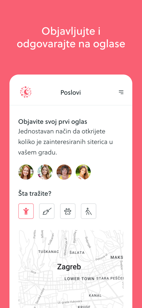 Interfaz de la aplicación Siterice que muestra categorías de trabajos de servicios de cuidado y un mapa de Zagreb
