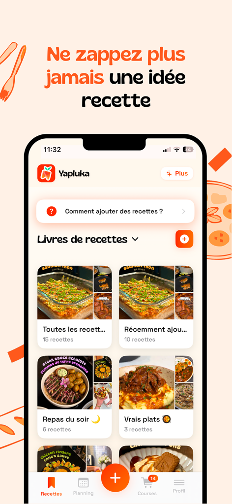 Yapluka - Recettes & Planning - Captura de pantalla del iPhone de la aplicación Yapluka mostrando libros de recetas organizados y categorías de comidas con imágenes de alimentos