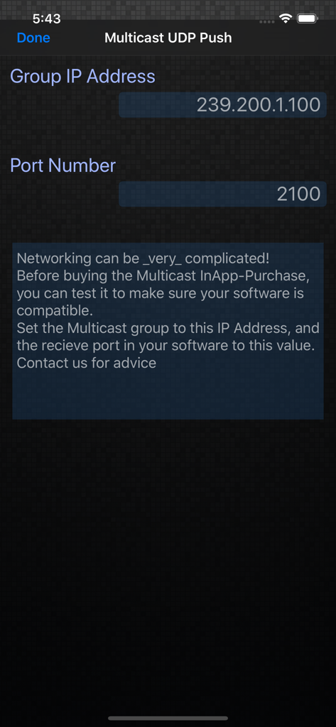 GPS 2 IP - The Multicast UDP Push settings screen in the GPS 2 IP app showing Group IP Address and Port Number fields.