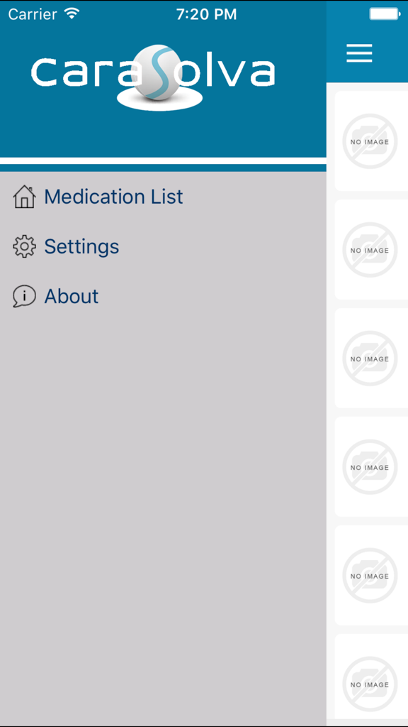 Navigation menu screen of the CaraSolva Prompt medication reminder app showing medication list and settings options