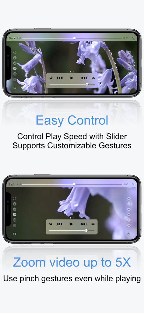 SpeedUpTV + - SpeedUpTVプラスアプリのスクリーンショット。スライダーと最大5倍までのピンチズーム機能を使用した簡単なビデオ速度制御を示しています。