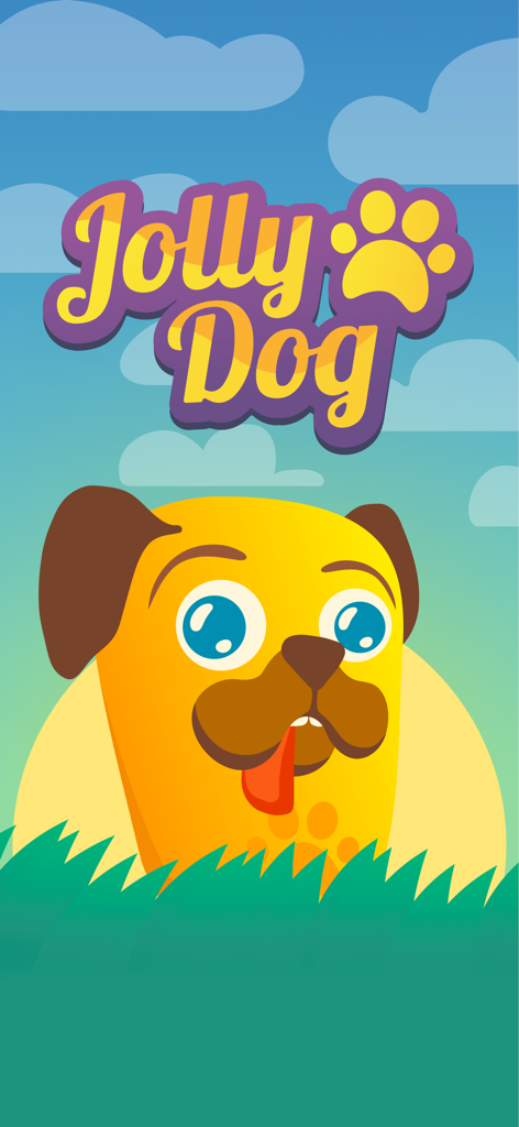 Jolly Dog app splash screen featuring a cartoon pug in a grassy field under a blue sky