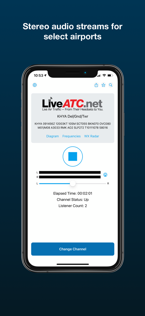LiveATC Air Radio - Interface of the LiveATC Air Radio app showing a live stereo audio feed for an airport.