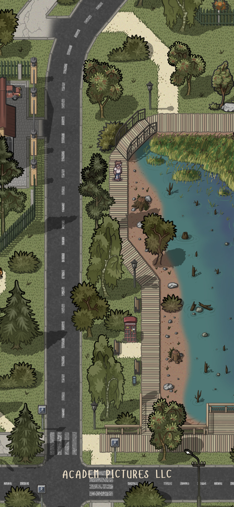 ACADEM DREAMS: Adventure & Sim - Vista dall'alto di una città accademica disegnata a mano che mostra un lungolago e una strada tranquilla