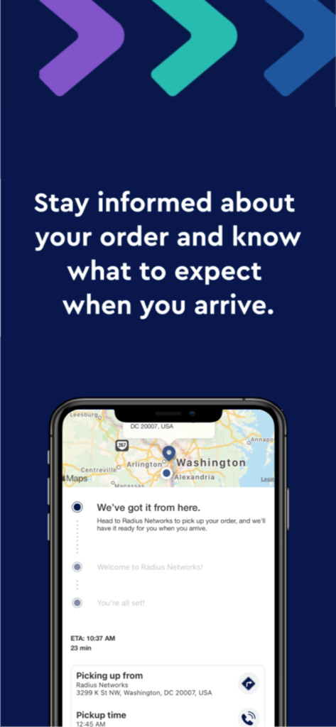 Flybuy Pickup - Screenshot of the Flybuy Pickup app showing a map with the store location, arrival status, and estimated time of arrival for an order.