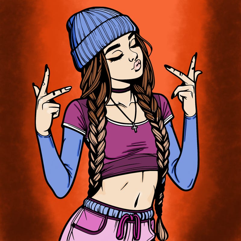 realistic teenage girl with braids and a beanie and crop top doing 🫶🏼