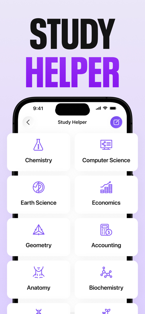 AI Quiz Maker : AI Flashcards - AI Quiz Maker study helper screen showing various academic subject categories like Chemistry and Computer Science