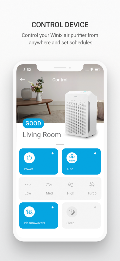 Winix Smart - Smartphone screen showing the Winix Smart app control panel with air purifier settings for the living room