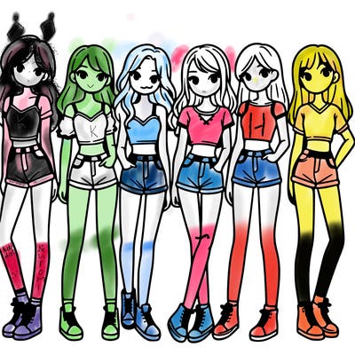 a group of girls wearing crop tops and shorts