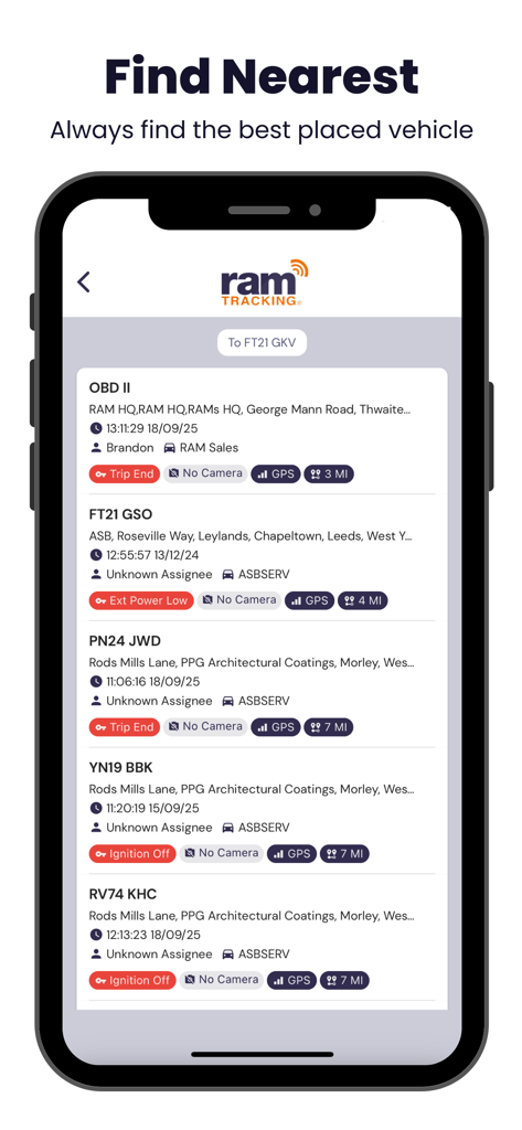 RAM Tracking app showing a list of nearest vehicles with distance and status