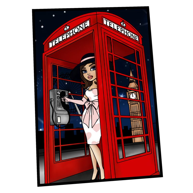 kylie jenner as a bratz/barbie doll picking up the in a london phone box the red one with maybe london eye behind her or the big ben in a classy outfit