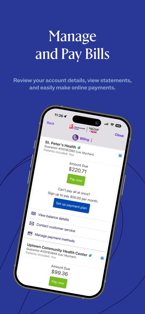 A mobile app interface displaying medical billing information and payment options for Intermountain Health