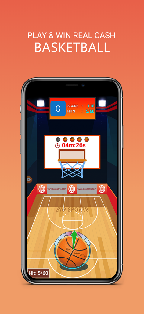 Basketball mini game screen on Big Sports mobile app