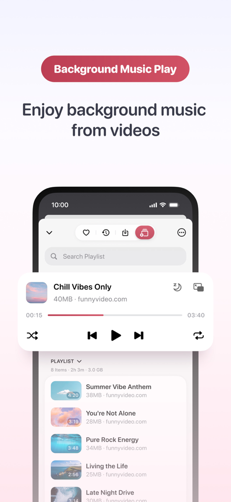 Quetta - Video&Adblock Browser - Lettore musicale in background e funzionalità playlist video nel browser Quetta.