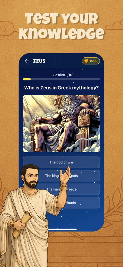 Sphinx Quiz Mythology - A mobile game screen from Sphinx Quiz Mythology showing a trivia question about Zeus with multiple choice answers.