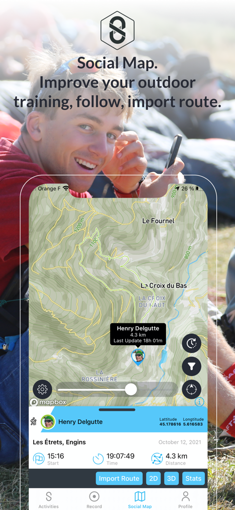 SportsTrackLive: Action Sports - SportsTrackLive app social map displaying a topographic route and user stats