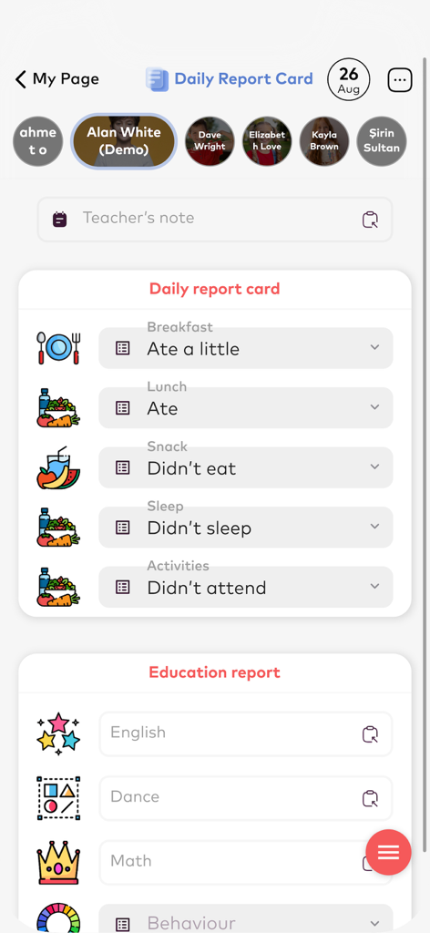 Ekid+ - Visão do professor do boletim diário no aplicativo Ekid plus mostrando os registros de refeição e educação do aluno
