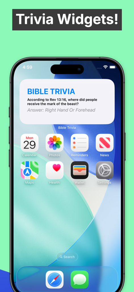 Bible Trivia - Christian Game - 聖句の質問と答えが表示された聖書クイズアプリのウィジェットを備えたiPhoneのホーム画面