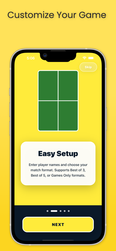 Tennis Score Keeper app onboarding screen showing easy match setup and format options
