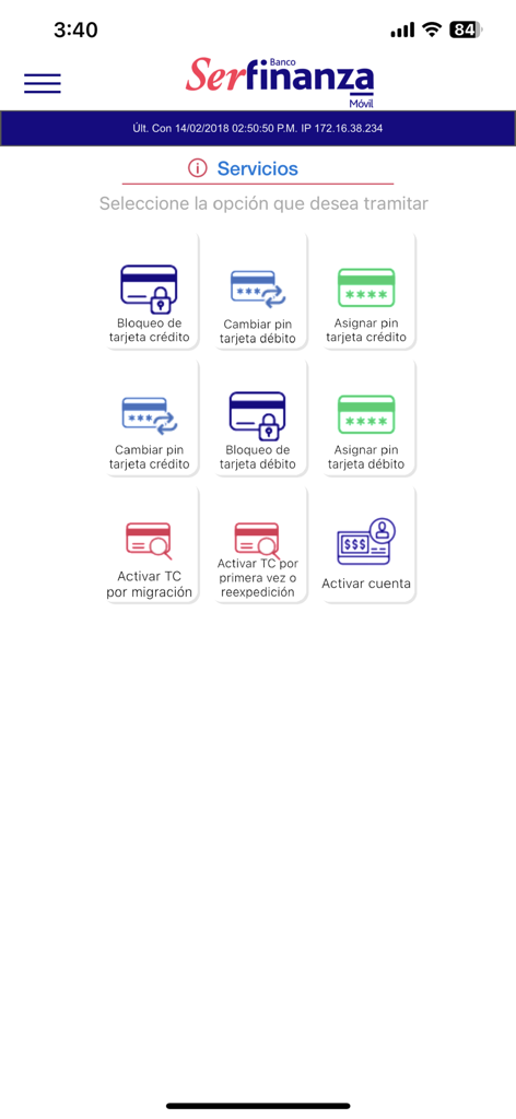 Menú de servicios en la aplicación Serfinanza Móvil Personas que muestra opciones para la gestión de tarjetas de crédito y activación de cuentas