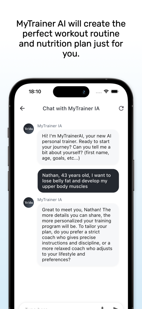 Interface of MyTrainer AI app showing a conversation between a user and an AI personal trainer to personalize a workout plan