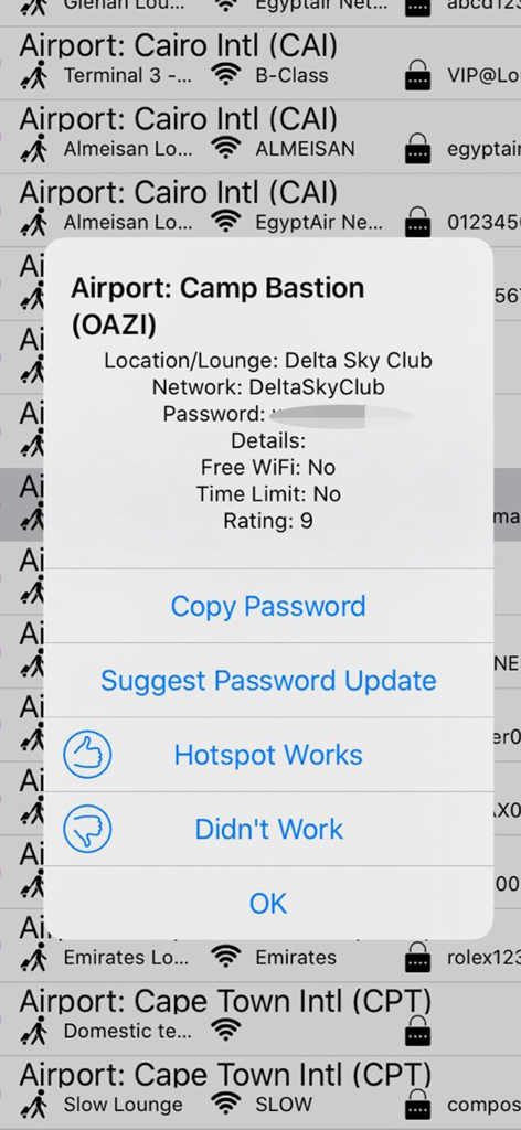 WiFox - A mobile app interface showing a popup with WiFi network and password details for the Delta Sky Club at Camp Bastion airport.