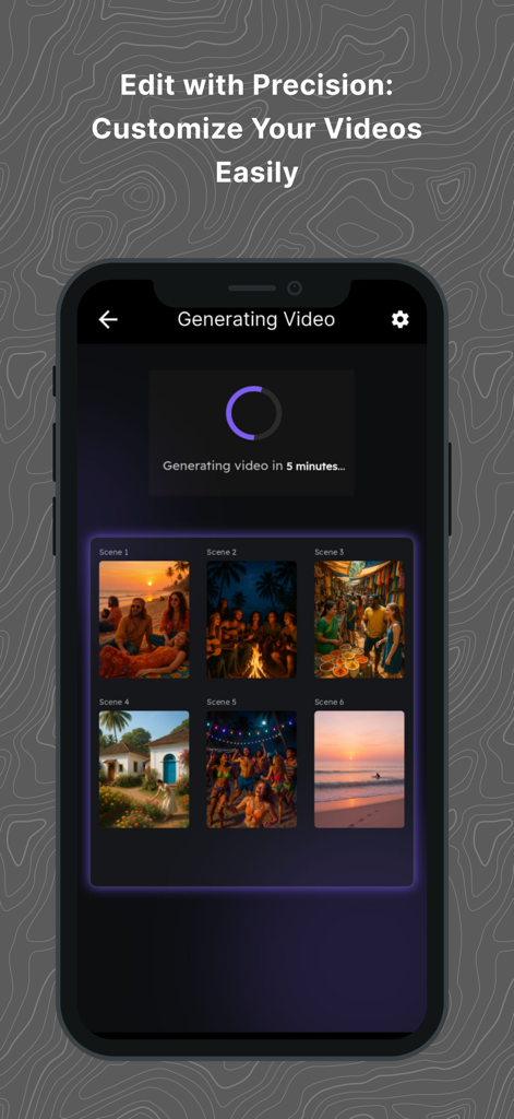 Cinemaya: AI Movie Generator - Interface of Cinemaya app displaying a progress bar for AI video generation and a grid of six distinct cinematic scene previews.