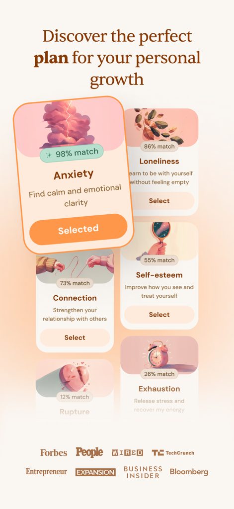 Yana: Your emotional companion - Yana-App-Oberfläche, die personalisierte Wachstumspläne für Angst, Einsamkeit und Selbstwertgefühl mit vorgestellten Presse-Logos zeigt