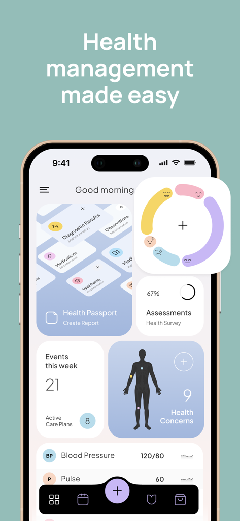 Lify: health manager, my chart - Lify app dashboard showing health reports, interactive body map for symptom tracking, and vitals like blood pressure and pulse.