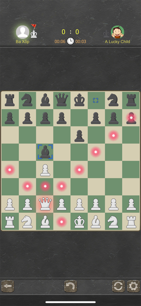 Chess Origins - 2 Players - In-game view of Chess Origins showing a match against the Lucky Child AI with possible move indicators.