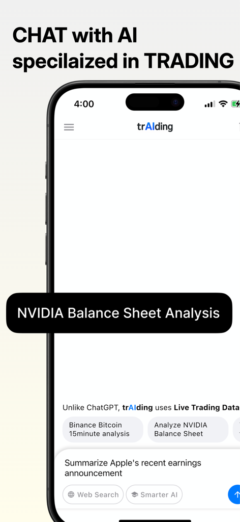 trAIding app screen showing AI chat specialized in financial analysis and trading